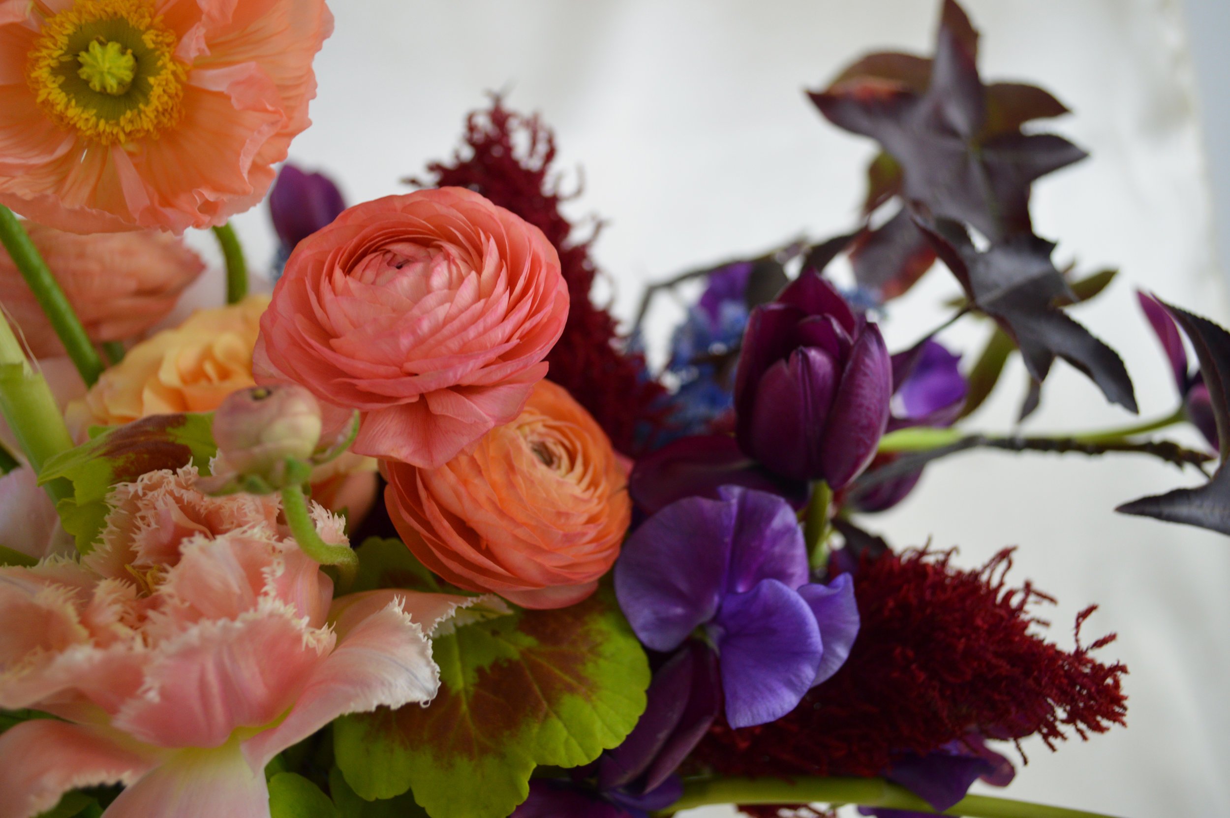 Colorful editorial floral arrangement close-up